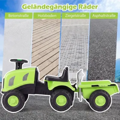 Dětský traktor s přívěsem, klaksonem a ergonomickým sedadlem, 2v1 odrážedlo, nosnost 25 kg, zelený