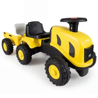Dětský traktor s přívěsem, klaksonem a ergonomickým sedadlem, 2v1 odrážedlo, nosnost 25 kg, žlutý
