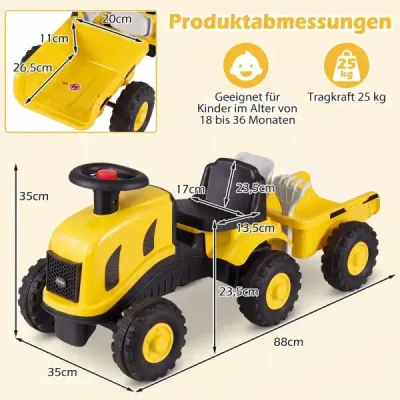 Dětský traktor s přívěsem, klaksonem a ergonomickým sedadlem, 2v1 odrážedlo, nosnost 25 kg, žlutý