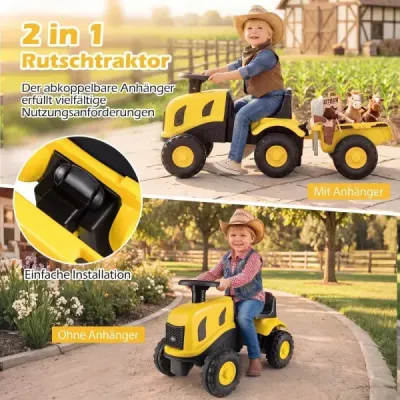Dětský traktor s přívěsem, klaksonem a ergonomickým sedadlem, 2v1 odrážedlo, nosnost 25 kg, žlutý