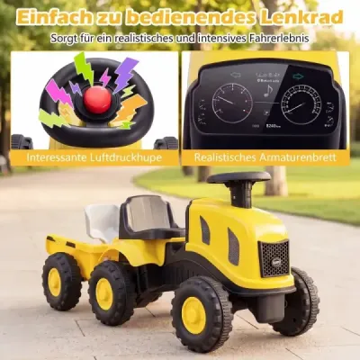 Dětský traktor s přívěsem, klaksonem a ergonomickým sedadlem, 2v1 odrážedlo, nosnost 25 kg, žlutý