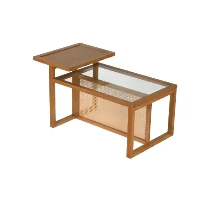 Odkládací stolek se 2 policemi, konferenční stolek s deskou z tvrzeného skla, 102 x 56 x 56 cm, přírodní