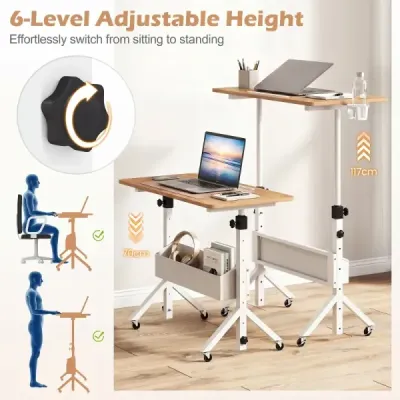 Stůl na stání, výškově nastavitelný 70-117 cm, mobilní stůl na kolečkách s látkovým košem a drážkou pro tablet, přírodní povrchová úprava