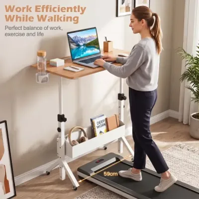 Stůl na stání, výškově nastavitelný 70-117 cm, mobilní stůl na kolečkách s látkovým košem a drážkou pro tablet, přírodní povrchová úprava