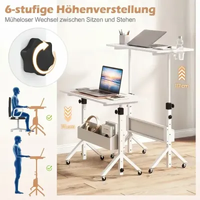 Stůl na stání, výškově nastavitelný 70-117 cm, mobilní stůl na kolečkách s látkovým košem a drážkou na tablet, bílý