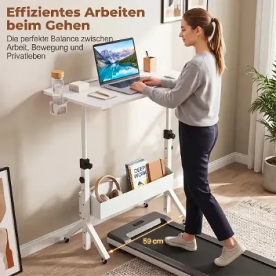 Stůl na stání, výškově nastavitelný 70-117 cm, mobilní stůl na kolečkách s látkovým košem a drážkou na tablet, bílý