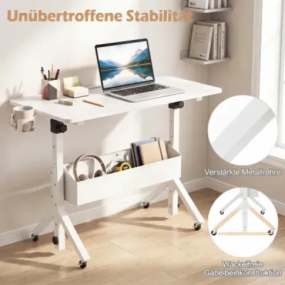 Stůl na stání, výškově nastavitelný 70-117 cm, mobilní stůl na kolečkách s látkovým košem a drážkou na tablet, bílý