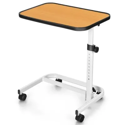 Noční stolek na kolečkách s deskou, kterou lze naklonit do různých úhlů, ošetřovatelský stůl 80,5 x 40,5 x 73-94 cm, přírodní povrchová úprava