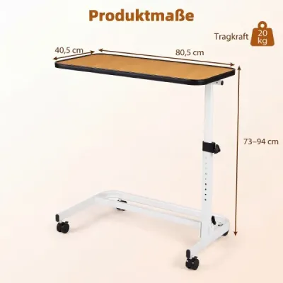 Noční stolek na kolečkách s deskou, kterou lze naklonit do různých úhlů, ošetřovatelský stůl 80,5 x 40,5 x 73-94 cm, přírodní povrchová úprava