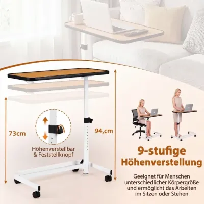 Noční stolek na kolečkách s deskou, kterou lze naklonit do různých úhlů, ošetřovatelský stůl 80,5 x 40,5 x 73-94 cm, přírodní povrchová úprava