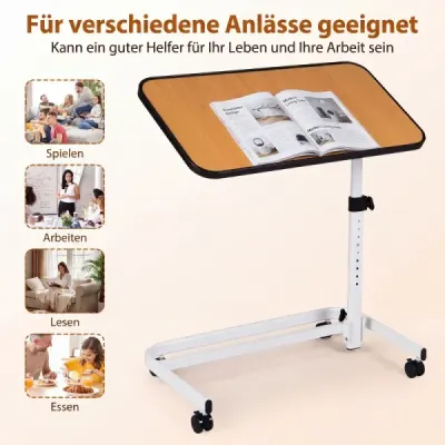 Noční stolek na kolečkách s deskou, kterou lze naklonit do různých úhlů, ošetřovatelský stůl 80,5 x 40,5 x 73-94 cm, přírodní povrchová úprava