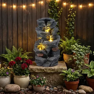 Zahradní fontána s LED osvětlením, 5stupňová fontána z pryskyřice, 27 x 20,5 x 45,5 cm