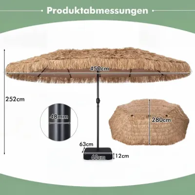Havajský slunečník 450 cm se stojanem, slaměný slunečník s klikou a 12 kovovými žebry