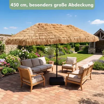 Havajský slunečník 450 cm se stojanem, slaměný slunečník s klikou a 12 kovovými žebry