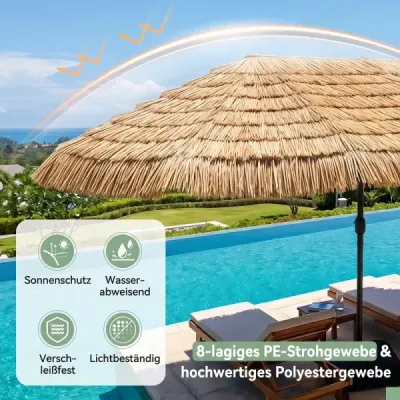 Havajský slunečník 450 cm se stojanem, slaměný slunečník s klikou a 12 kovovými žebry