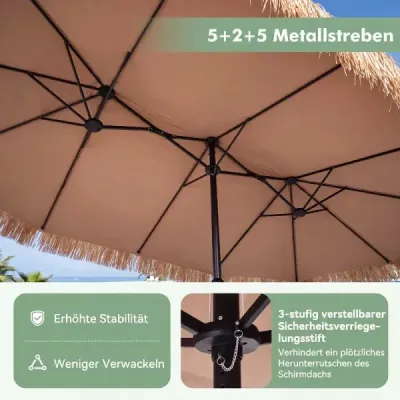 Havajský slunečník 450 cm se stojanem, slaměný slunečník s klikou a 12 kovovými žebry
