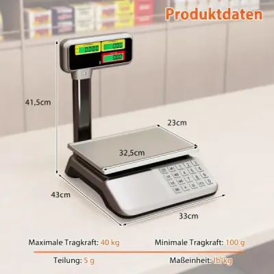 Kontrolní váha 40 kg / 5 g s oboustranným vysokým displejem, maloobchodní váha s integrovanou baterií