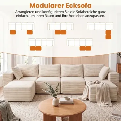 Modulární manšestrová pohovka, tvar U/L, moderní rohová pohovka s odnímatelným poťahom, 333 × 150 × 58 cm
