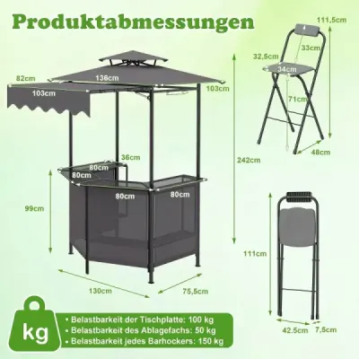 Grilovací pavilon, třídílný zahradní pavilon s barem, 2 skládacími barovými stoličkami a dvojitou střechou, šedý