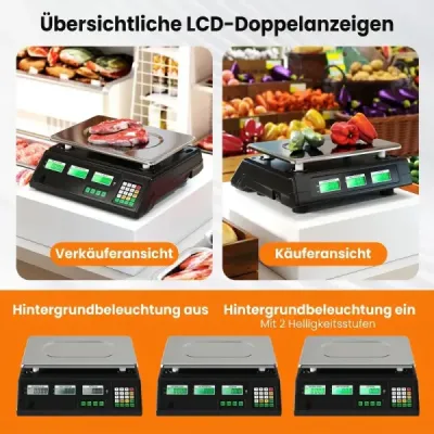Digitální maloobchodní váha 40 kg, váha s kalkulací ceny pro potraviny z nerezové oceli s oboustranným LCD displejem