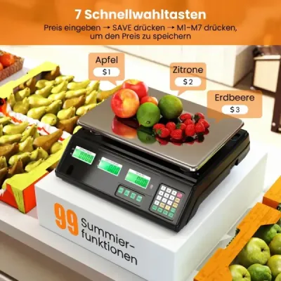 Digitální maloobchodní váha 40 kg, váha s kalkulací ceny pro potraviny z nerezové oceli s oboustranným LCD displejem