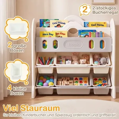 Dětská knihovna, čtyřpatrová Montessori police na hračky se 6 úložnými boxy
