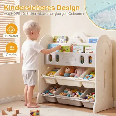 Dětská knihovna, čtyřpatrová Montessori police na hračky se 6 úložnými boxy