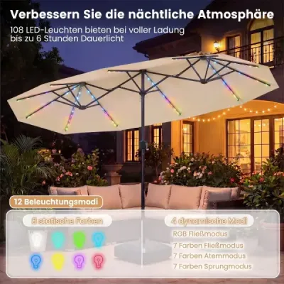 Dvojitý slunečník 400 x 210 cm Slunečník s LED osvětlením Obdélníkový zahradní slunečník Béžový