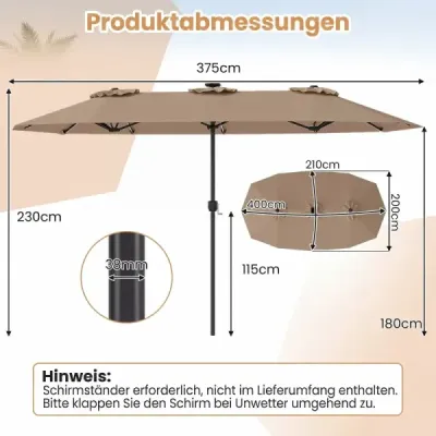 Dvojitý slunečník 400 x 210 cm, slunečník s LED osvětlením, obdélníkový zahradní slunečník, hnědý