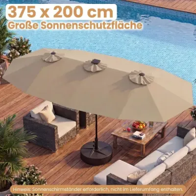 Dvojitý slunečník 400 x 210 cm, slunečník s LED osvětlením, obdélníkový zahradní slunečník, hnědý