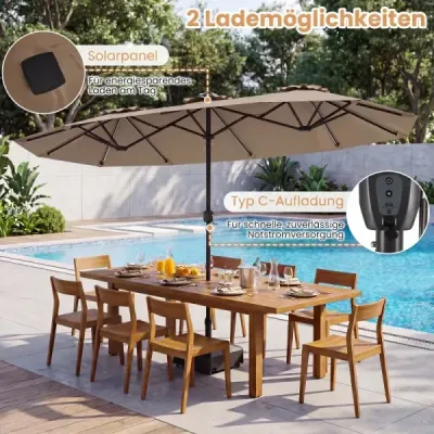 Dvojitý slunečník 400 x 210 cm, slunečník s LED osvětlením, obdélníkový zahradní slunečník, hnědý