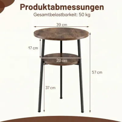 Sada 2 kusů: kulatý konferenční stolek Ø 39 cm, odkládací stolek se 2 policemi, do obývacího pokoje, s ocelovým rámem, hnědý