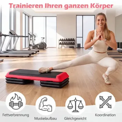 Aerobní stepper s nastavitelnou výškou, fitness stepper se 4 opěrnými bloky, strukturovaný povrch, červený