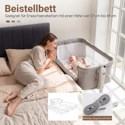 Dětská postýlka 3 v 1 s 6stupňovým nastavením výšky a 4 kolečky, nosnost až 9 kg, šedá