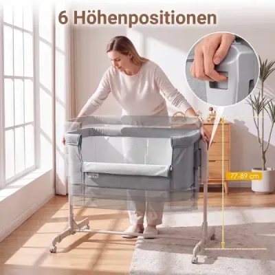 Dětská postýlka 3 v 1 s 6stupňovým nastavením výšky a 4 kolečky, nosnost až 9 kg, šedá
