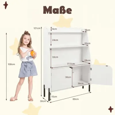 Dřevěná dětská skříňka Montessori se 3 otevřenými přihrádkami a 2 dvířky, 80 x 30 x 121 cm, bílá