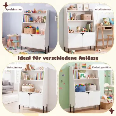Dřevěná dětská skříňka Montessori se 3 otevřenými přihrádkami a 2 dvířky, 80 x 30 x 121 cm, bílá