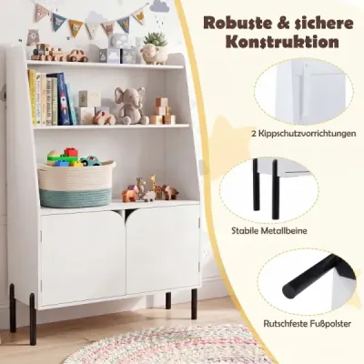 Dřevěná dětská skříňka Montessori se 3 otevřenými přihrádkami a 2 dvířky, 80 x 30 x 121 cm, bílá