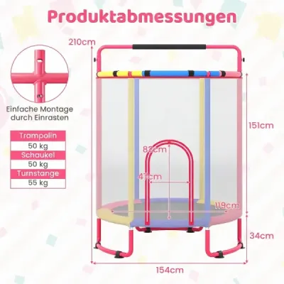 Trampolína pro děti 154 cm, dětská trampolína 6 v 1 s hrazdou, houpačkou a kruhy, vícebarevná