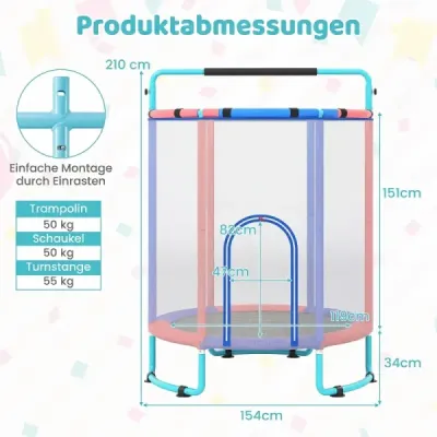 Dětská trampolína 154 cm, 6 v 1, s hrazdou, houpačkou a kruhy, modrá
