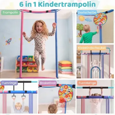 Dětská trampolína 154 cm, 6 v 1, s hrazdou, houpačkou a kruhy, modrá