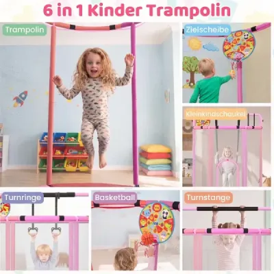 Dětská trampolína 154 cm, 6 v 1, s hrazdou, houpačkou a kruhy, růžová
