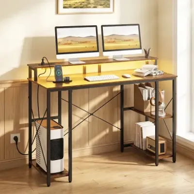 Počítačový stůl s LED osvětlením, zásuvkami a stojanem na monitor, 120 x 50 x 87 cm, hnědý
