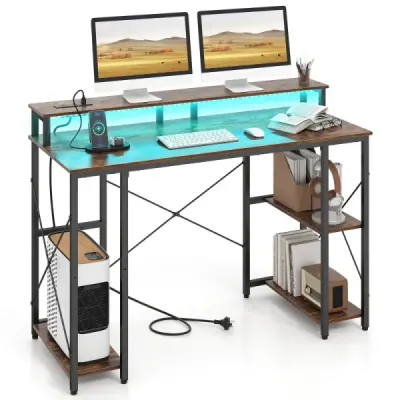 Počítačový stůl s LED osvětlením, zásuvkami a stojanem na monitor, 120 x 50 x 87 cm, hnědý