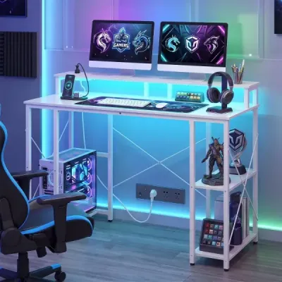 Computertisch mit LED-Beleuchtung Steckdosen & Monitorständer 120 x 50 x 87 cm Weiß