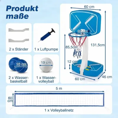 Bazénová hračka 2 v 1 – basketbalový koš a volejbalová síť s širokými plnitelnými základnami