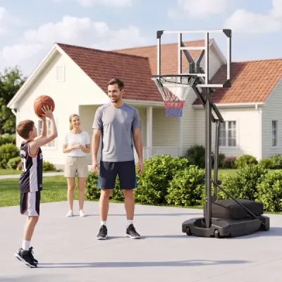 Basketbalový koš s PE deskou, venkovní basketbalový systém, 215-260 cm, výškově nastavitelný v 8 směrech