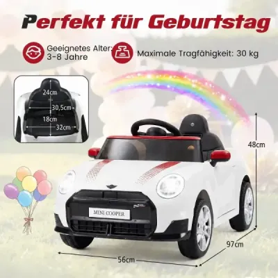 12V dětské autíčko v designu BMW Mini, elektrické autíčko pro děti s dálkovým ovládáním, LED světly a pozvolným startem, bílé