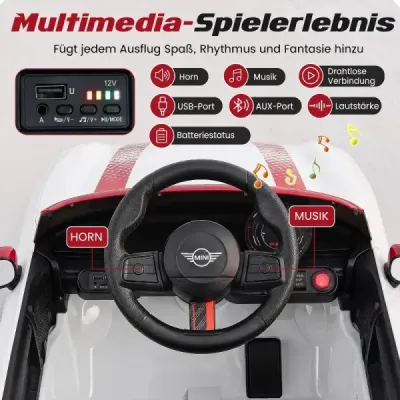 12V dětské autíčko v designu BMW Mini, elektrické autíčko pro děti s dálkovým ovládáním, LED světly a pozvolným startem, bílé