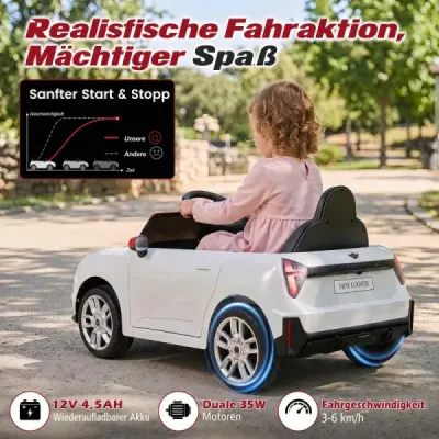 12V dětské autíčko v designu BMW Mini, elektrické autíčko pro děti s dálkovým ovládáním, LED světly a pozvolným startem, bílé